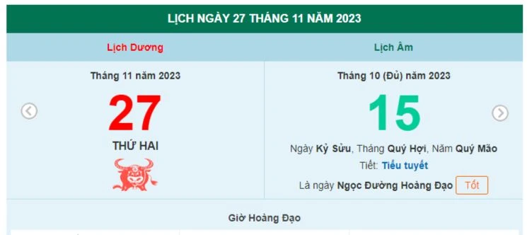 Lịch âm hôm nay - Xem lịch âm ngày 27/11/2023