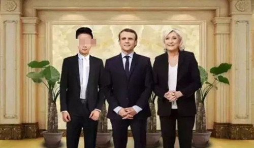 Thiếu niên họ Shi cũng làm giả ảnh chụp với Tổng thống Pháp Emmanuel Macron (giữa) và lãnh đạo cánh hữu Marine Le Pen. Thiếu niên họ Shi cũng làm giả ảnh chụp với Tổng thống Pháp Emmanuel Macron (giữa) và lãnh đạo cánh hữuMarine Le PenẢnh: SCMP