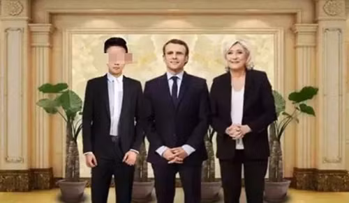 Thiếu niên họ Shi cũng làm giả ảnh chụp với Tổng thống Pháp Emmanuel Macron (giữa) và lãnh đạo cánh hữuMarine Le PenẢnh: SCMP