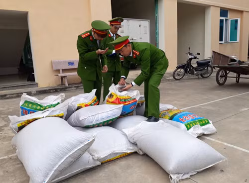 Lực lượng công an đang kiểm tra số hạt hướng dương đã ẩm mốc. Ảnh do Công an Thanh Hóa cung cấp 