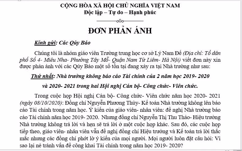 Đơn phản ánh của nhóm giáo viên Trường THCS Lý Nam Đế gửi tới báo chí. Ảnh chụp màn hình.