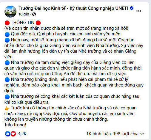 Trường Đại học Kinh tế - Kỹ thuật Công nghiệp đưa thông tin công khai lên fanpage của trường về sự việc nêu trên. Ảnh chụp màn hình. 