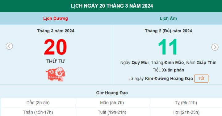 Lịch âm hôm nay - Xem lịch âm ngày 20/3