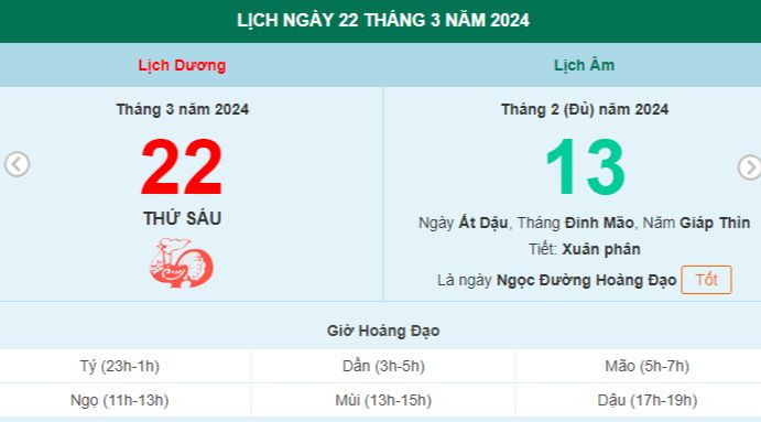 Lịch âm hôm nay - Xem lịch âm ngày 22/3