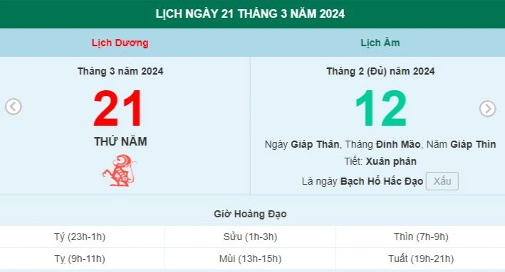 Lịch âm hôm nay - Xem lịch âm ngày 21/3