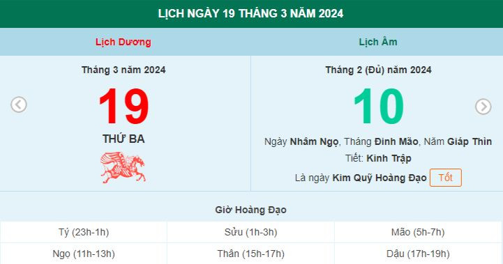 Lịch âm hôm nay - Xem lịch âm ngày 19/3