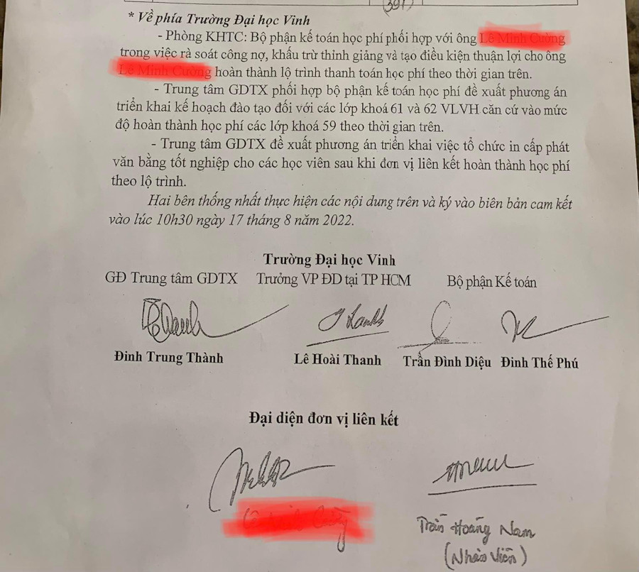 Biên bản làm việc giữa các bên thể hiện sự chia sẻ và tạo điều kiện cho đối tác của Trường ĐH Vinh hoàn thành nghĩa vụ học phí giai đoạn cuối theo đúng lộ trình.