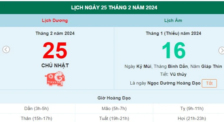 Lịch âm hôm nay - Xem lịch âm ngày 25/2