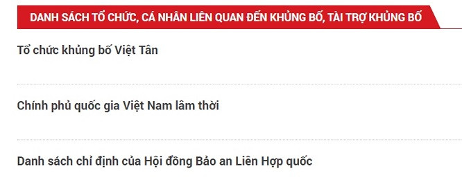 Bộ công an công bố danh sách tổ chức, cá nhân liên quan đến khủng bố, tài trợ khủng bố