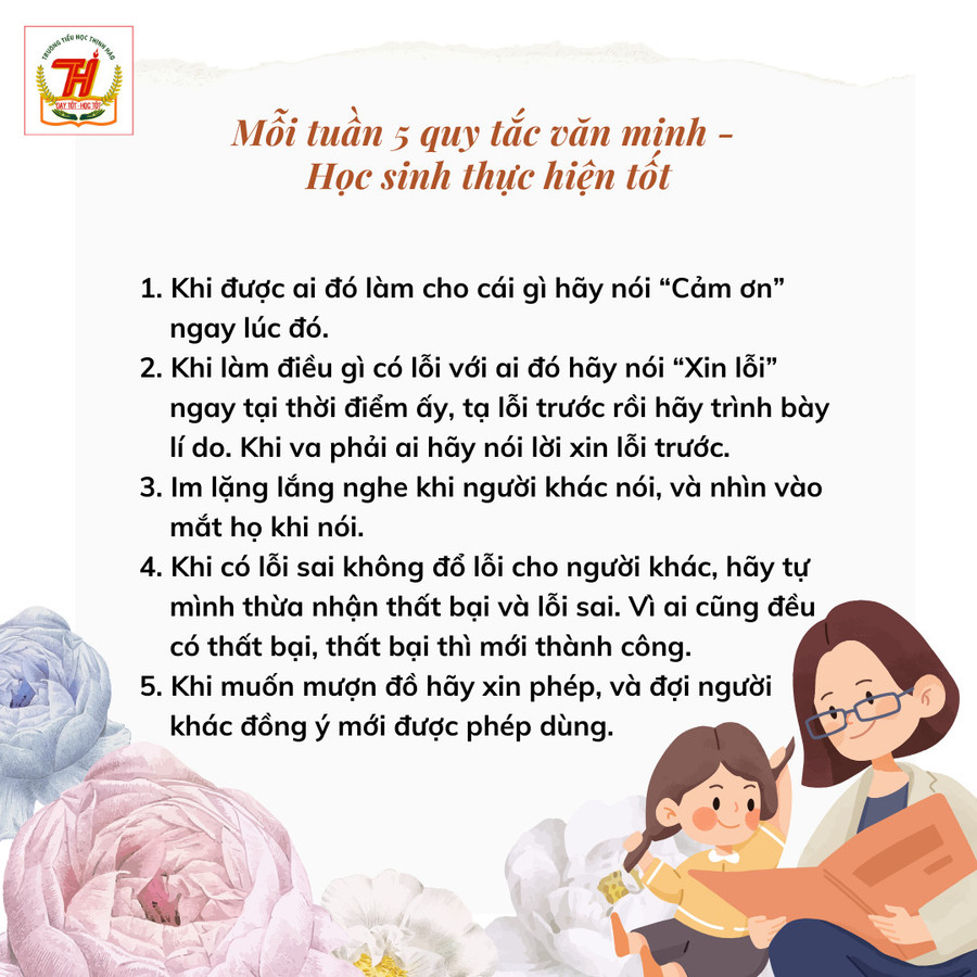 Mỗi tuần đều có 5 quy tắc văn minh để học sinh cùng thực hiện. Mỗi tuần đều có 5 quy tắc văn minh để học sinh cùng thực hiện.