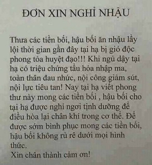 Đơn xin nghỉ nhậu theo phong cách kiếm hiệp.