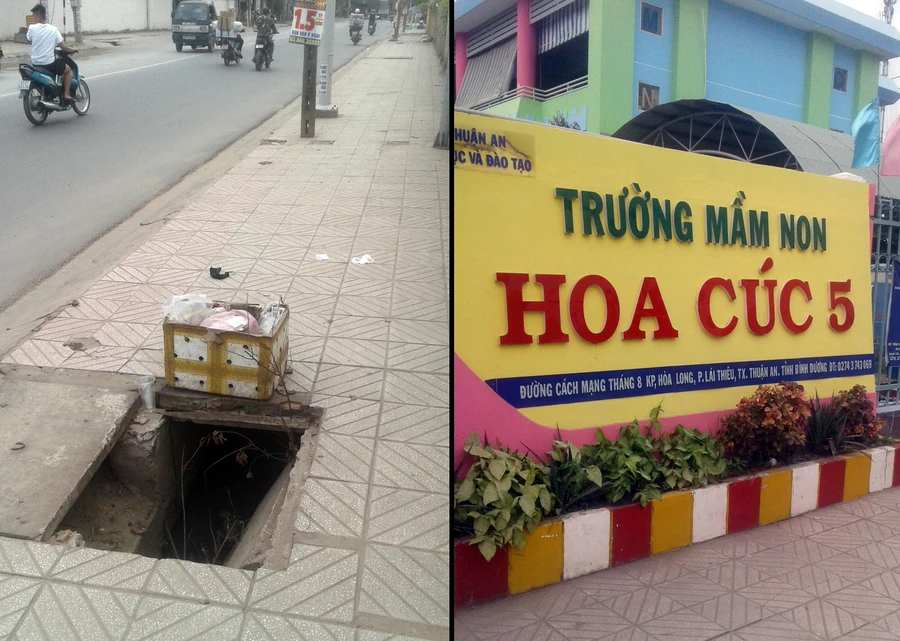 Hố ga mất nắp ngay trước cổng Trường Mầm non Hoa Cúc 5 (TX Thuận An, Bình Dương)