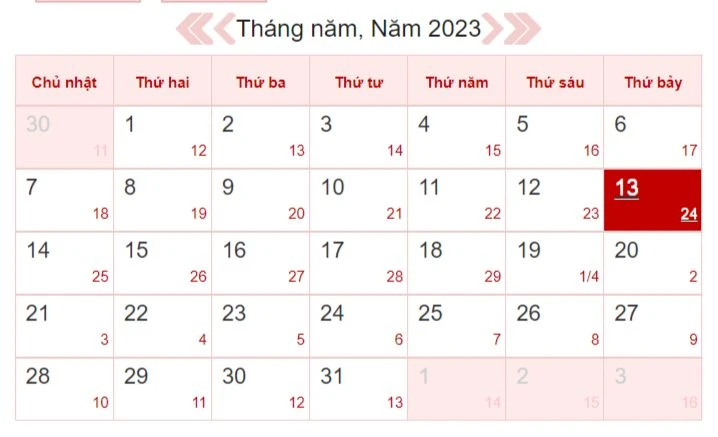 Xem lịch âm ngày 13/5/2023