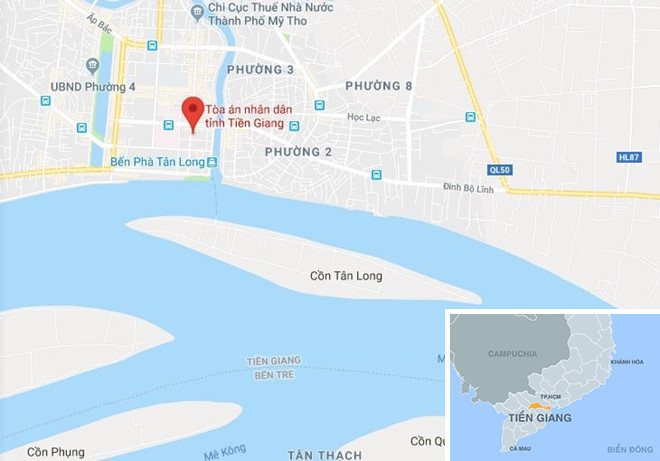 TAND tỉnh Tiền Giang (chấm đỏ). Ảnh:Google Maps. Ke giet 3 nguoi muon duoc tuyen tu hinh, xin hat bai Eo le cuoc tinh hinh anh 3