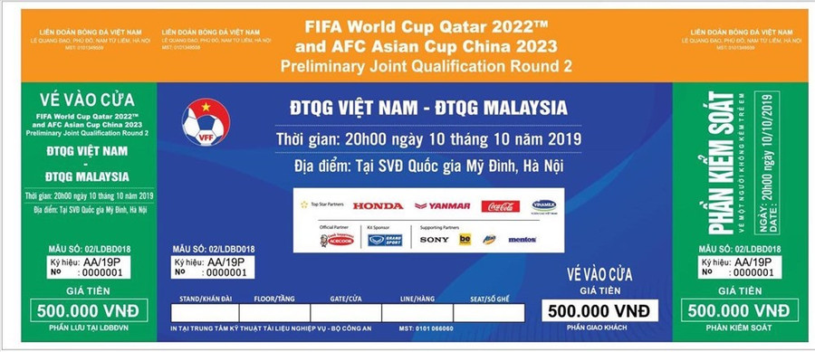 Mẫu vé trận tuyển Việt Nam gặp Malaysia vào ngày 10/10. Mẫu vé trận tuyển Việt Nam gặp Malaysia vào ngày 10/10.