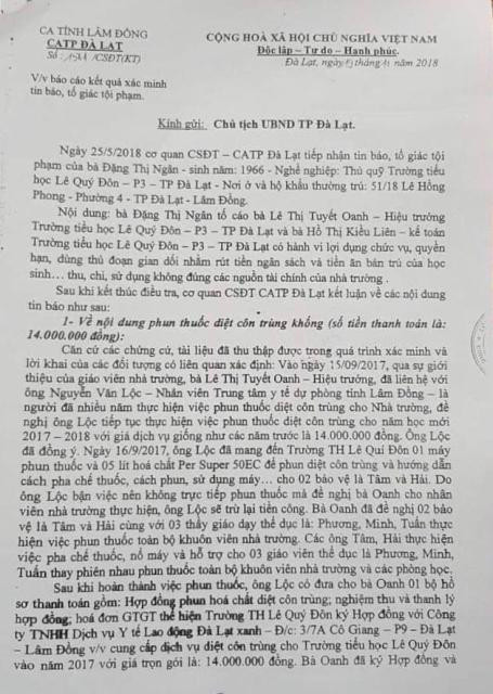 Kết luận của Cơ quan CSĐT-CATP Đà Lạt về những sai phạm của các cá nhân tại Trường Tiểu học Lê Quý Đôn- TP Đà Lạt tỉnh Lâm Đồng Kết luận của Cơ quan CSĐT-CATP Đà Lạt về những sai phạm của các cá nhân tại Trường Tiểu học Lê Quý Đôn- TP Đà Lạt tỉnh Lâm Đồng