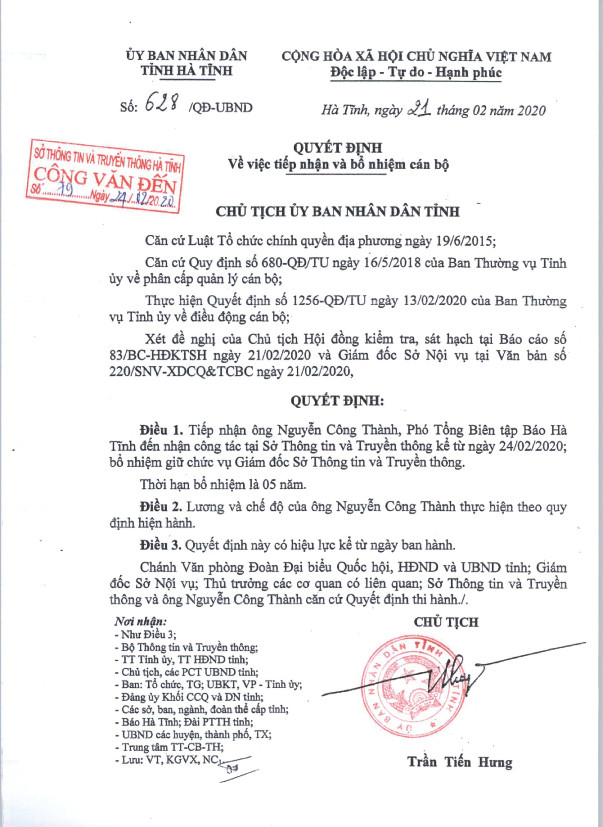 Quyết định về việc tiếp nhận và bổ nhiệm ông Nguyễn Công Thành thời hạn 5 năm. Quyết định về việc tiếp nhận và bổ nhiệm ông Nguyễn Công Thành thời hạn 5 năm.