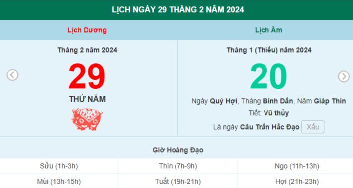 Lịch âm hôm nay - Xem lịch âm ngày 29/2