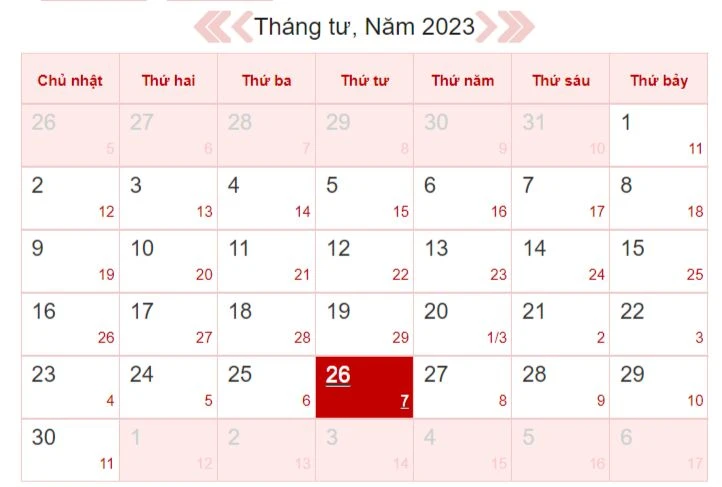 Xem lịch âm ngày 26/4/2023