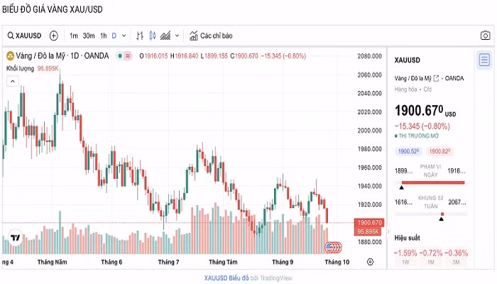 Biểu đồ biến động giá vàng trong 24 giờ qua
