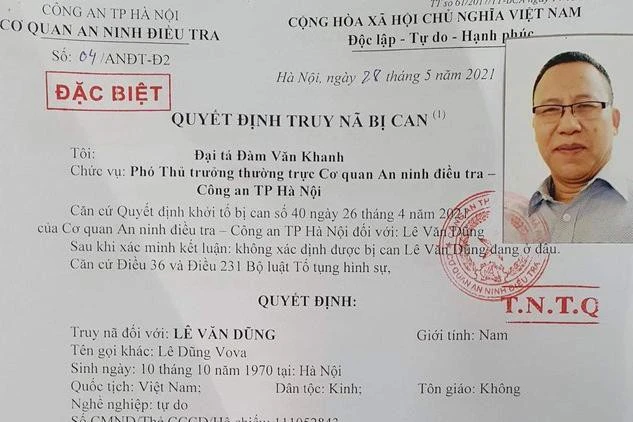 Quyết định truy nã Lê Dũng Vova do Công an Hà Nội ban hành.