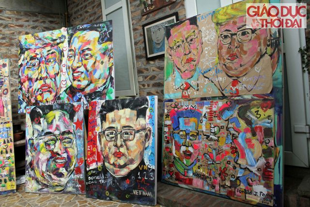 Những bức tranh được anh Bình vẽ chân dung Tổng thống Mỹ Donald Trump và chủ tịch Kim Jong-un