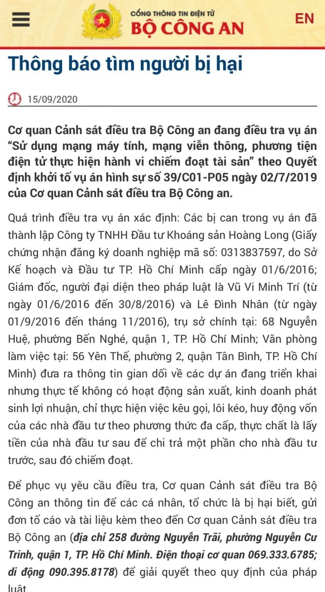 Bộ Công an tìm người bị hại liên quan công ty Khoáng sản Hoàng Long