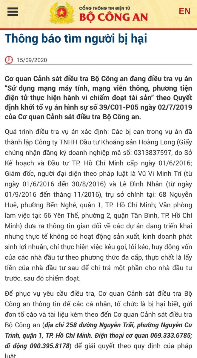 Bộ Công an tìm người bị hại liên quan công ty Khoáng sản Hoàng Long