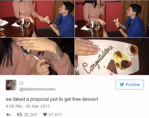 Sang chảnh vào nhà hàng, giả cầu hôn để “ăn chùa” món tráng miệng ảnh 1