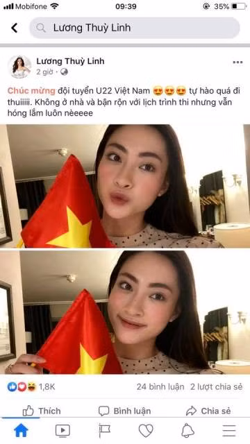 Hoa hậu Lương Thùy Linh chúc mừng đội tuyển Việt nam