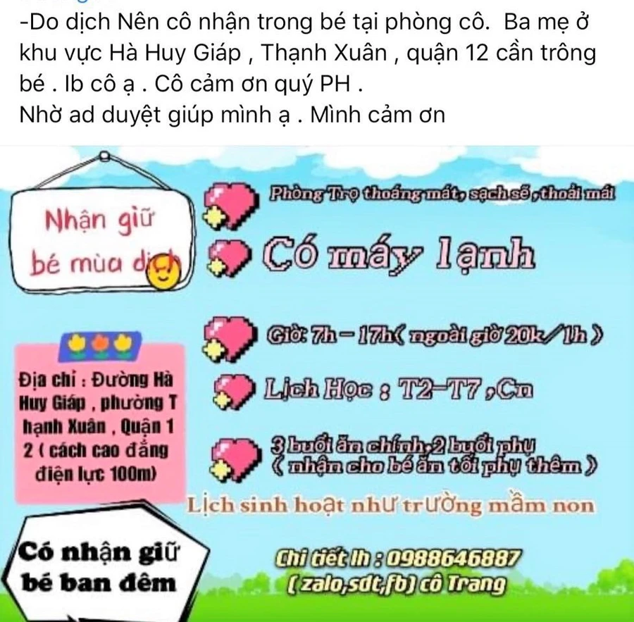 Thông báo nhận trông trẻ tại nhà của một giáo viên mầm non 