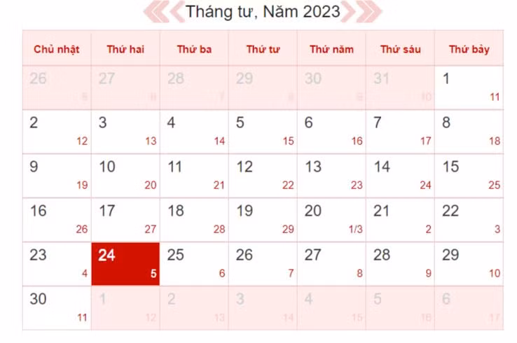 Xem lịch âm ngày 24/4/2023