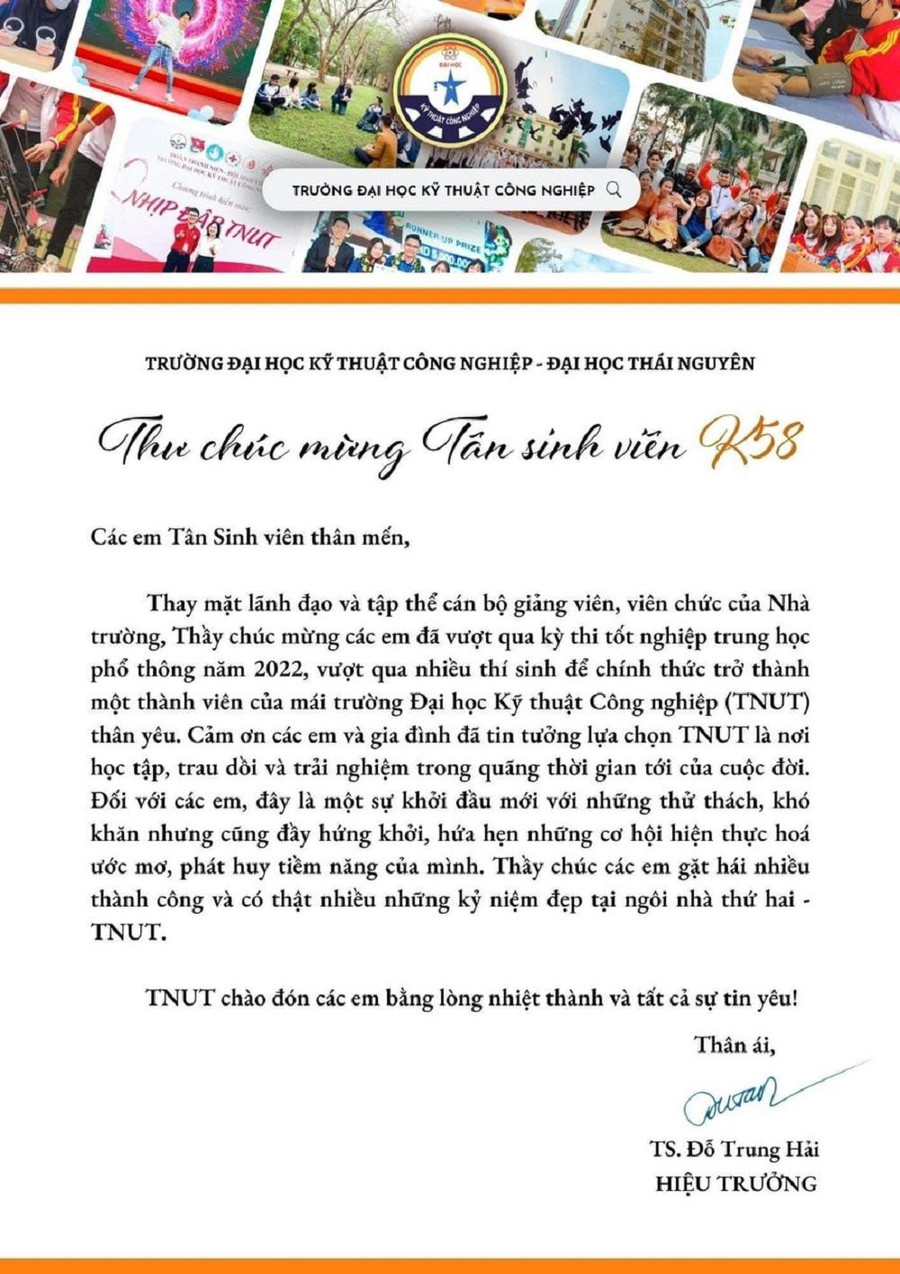 Bức tâm thư thầy Hiệu trưởng Trường Đại học Kỹ thuật Công nghiệp gửi đến tân sinh viên. Bức tâm thư thầy Hiệu trưởng Trường Đại học Kỹ thuật Công nghiệp gửi đến tân sinh viên.