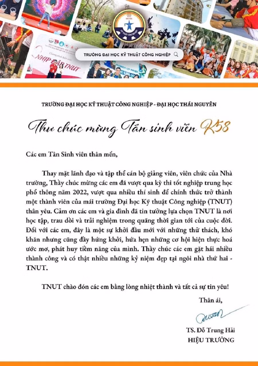 Bức tâm thư thầy Hiệu trưởng Trường Đại học Kỹ thuật Công nghiệp gửi đến tân sinh viên.