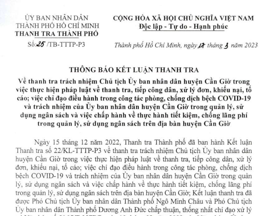 Kết luận của Thanh tra TPHCM về các thiếu sót sai phạm của UBND huyện Cần Giờ Kết luận của Thanh tra TPHCM về các thiếu sót sai phạm của UBND huyện Cần Giờ