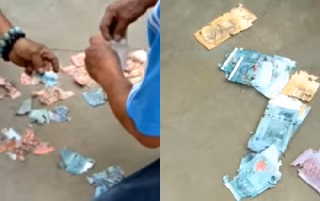 Trong đoạn video, rất nhiều tờ 100 RM (khoảng 550,000 đồng) và 50 RM (khoảng 270,000 đồng) bị thủng lỗ, khiến người xem đau đớn thay cho khổ chủ.