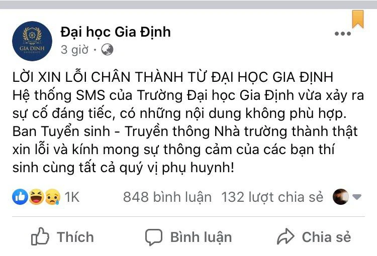 Trường ĐH Gia Định đã gửi lời xin lỗi đến thí sinh trên fanpage của Nhà trường