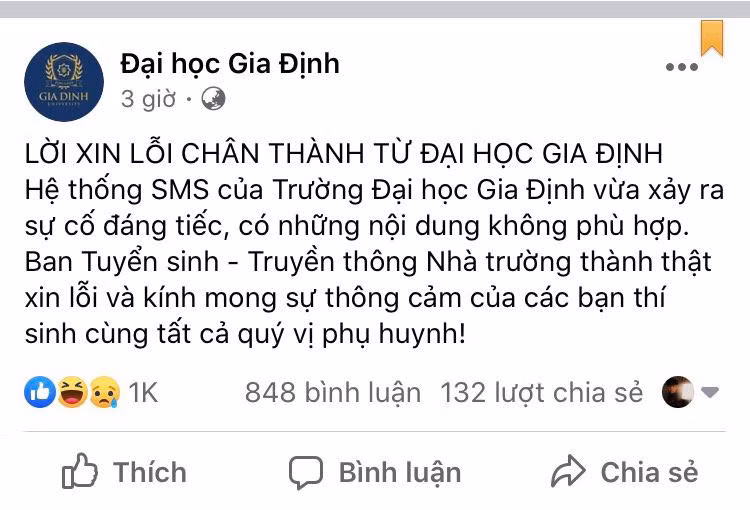Trường ĐH Gia Định đã gửi lời xin lỗi đến thí sinh trên fanpage của Nhà trường