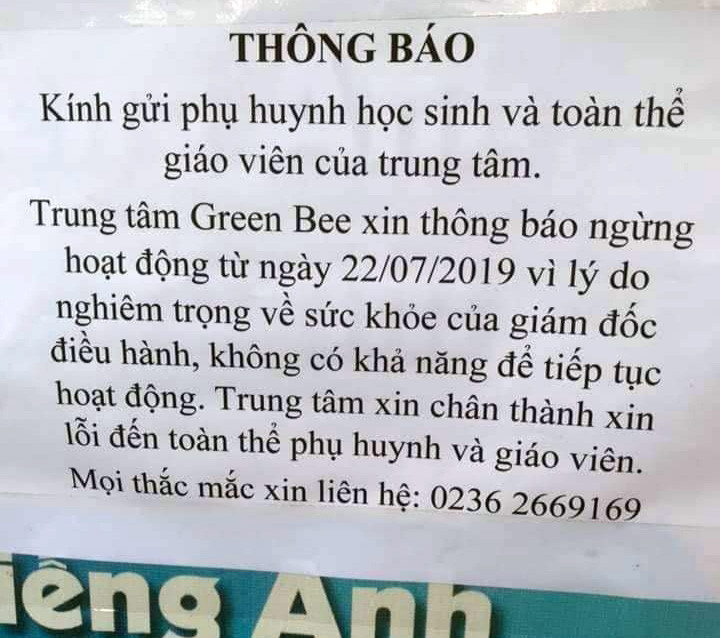 Phụ huynh bất ngờ bởi lý do nêu ra trong thông báo dừng hoạt động đột ngột của Trung tâm ngoại ngữ Green Bee