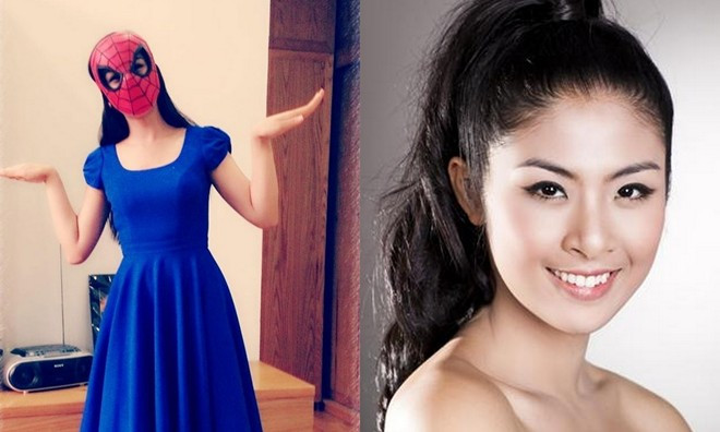 Khó có ai hình dung được "người nhện" trong ảnh trên chính là hoa hậu Ngọc Hân. Sự hài hước của người đẹp này khiến người xem bật cười. Ảnh chụp tự sướng xem là cười nghiêng ngả của sao Việt