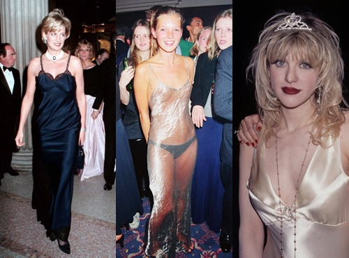 (Từ trái qua) Công nương Diana, Kate Moss, Courtney Love là những người góp phần đưa mốt váy ngủ trở thành hiện tượng toàn cầu. công nương Diana