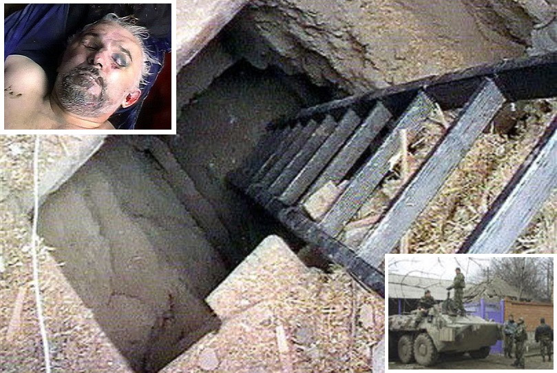 Aslan Maskhadov chết vì thủ hạ sử dụng điện thoại quá nhiều (Ảnh: Cầu thang dẫn xuống căn hầm Maskhadov ẩn náu và xe bọc thép của FSB tiến vào làng Tolstoy-Yurt)