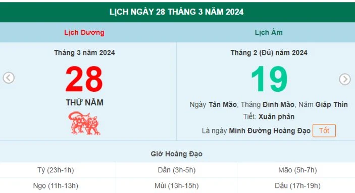 Lịch âm hôm nay - Xem lịch âm ngày 28/3