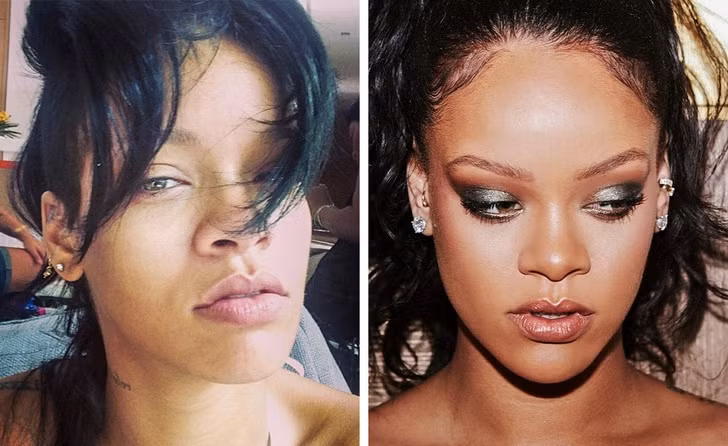 Rihanna có phần nhợt nhạt, kém sắc nét khi không trang điểm. Bù lại, nữ ca sĩ có đôi môi căng mọng, quyến rũ.