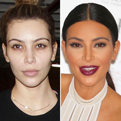 Mặt mộc của Kim Kardashian sẽ khiến nhiều người sốc khi lần đầu nhìn thấy. Phải nói rằng, để tạo ra khuôn mặt sắc nét, không tì vết như ảnh phải, bà mẹ một con phải "tô son trát phấn" rất dày và kỹ càng.