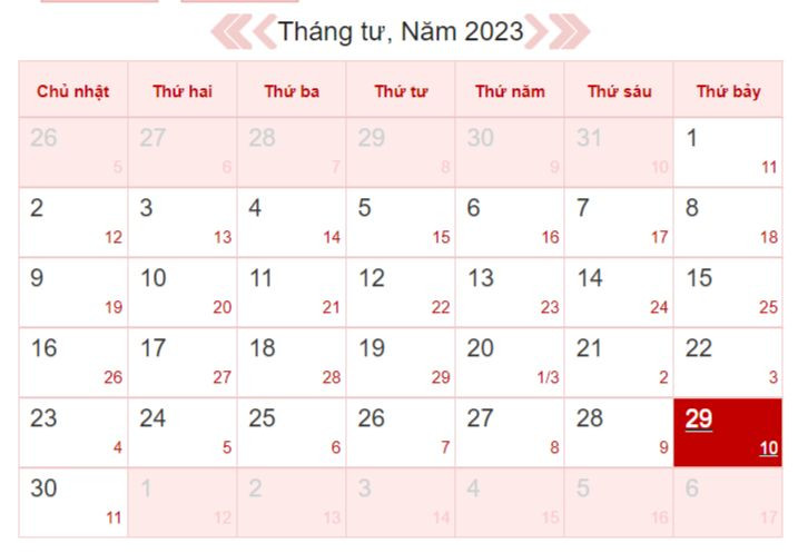 Xem lịch âm ngày 29/4/2023