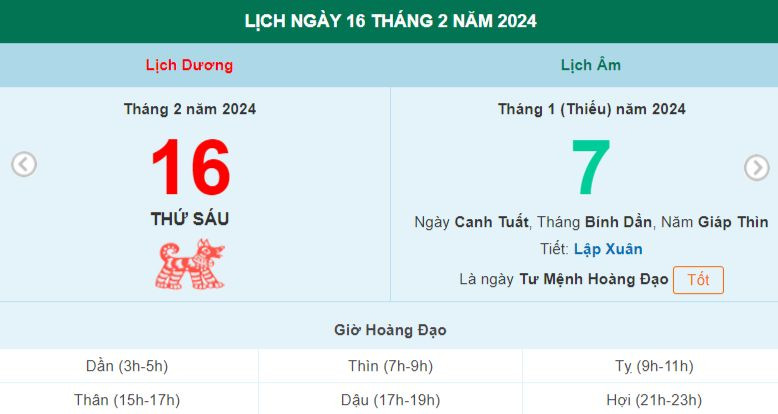 Lịch âm hôm nay - Xem lịch âm ngày 16/2
