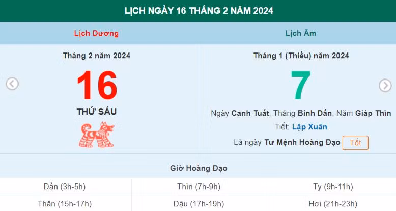 Lịch âm hôm nay - Xem lịch âm ngày 16/2