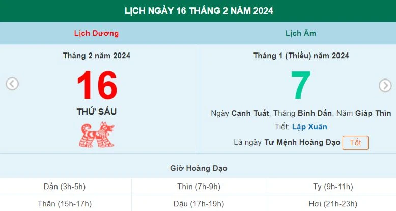 Lịch âm hôm nay - Xem lịch âm ngày 16/2