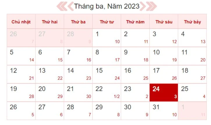 Lịch âm hôm nay 24/3 - Tra cứu lịch âm 24/3/2023